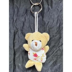 Teddy Bear Bag Charm Plush Keychain Beige W/ Floral 3 Inch